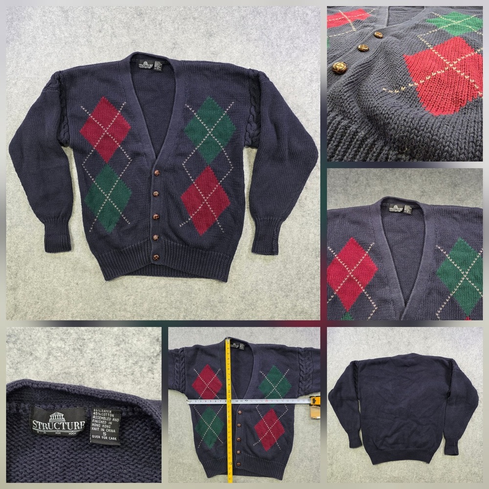 Vintage Structure Sweater Mens Small‎ Blue Argyle Cardigan Ramie Cotton 90s